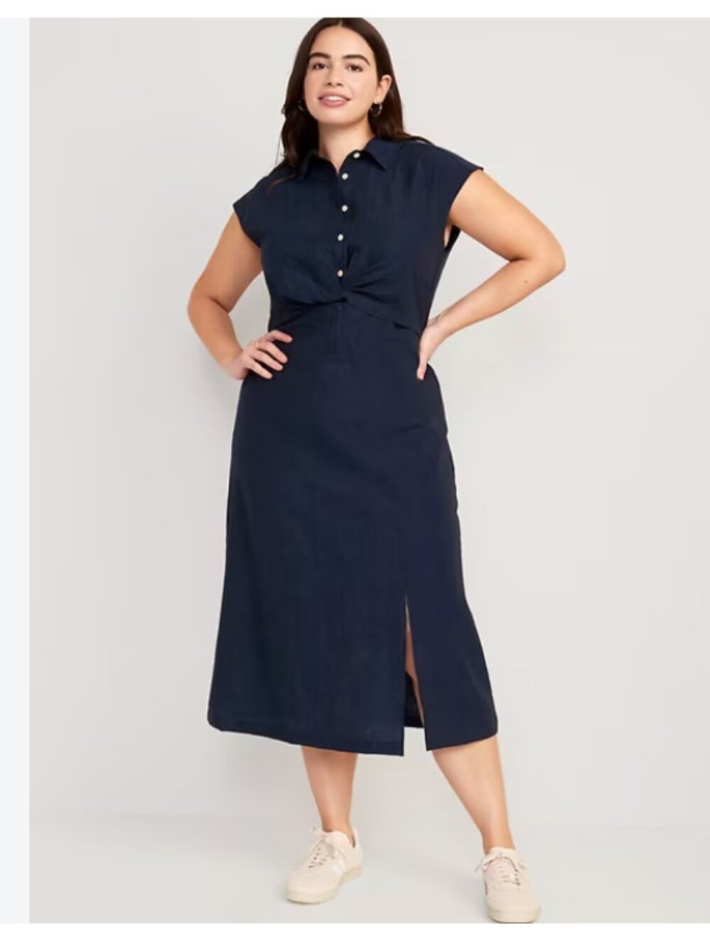 Old Navy Waist-Defined Twist-Front Midi Shirt Dress Size 4X Navy Blue Pockets